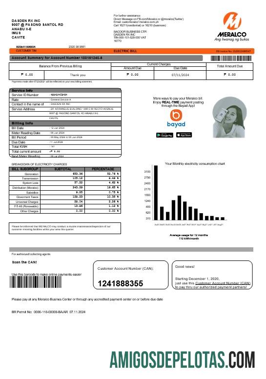 imprimível Modelo de fatura de serviços públicos de eletricidade Meralco das Filipinas em formatos Word e PDF, versão 2